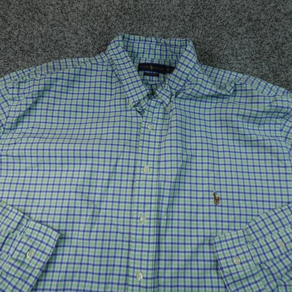 Ralph Lauren Shirt Mens 3XLT Green Blue Plaid OCBD Oxford Button Up Flesh Pony